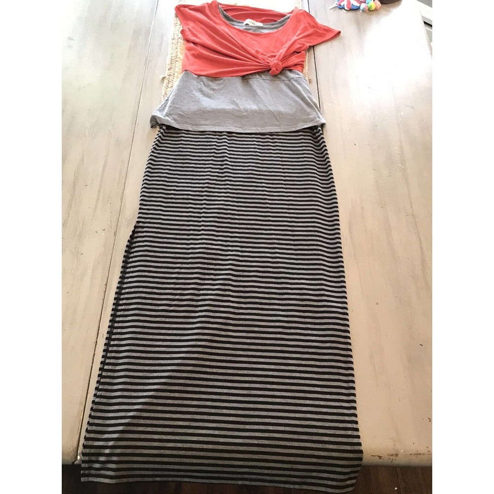 Stacy Chang Askew T Shirt Maxi Dress Orange Gray Black Stripe Sz SAnthropologie